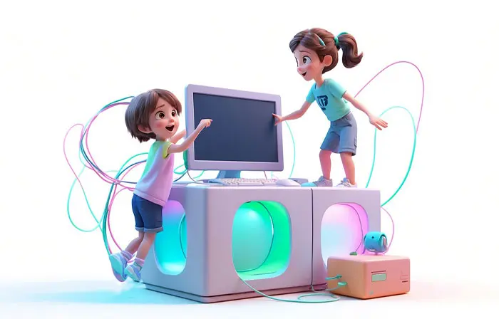 Unboxing a Computer with Kids 3D Cartoon Character Image Design image
